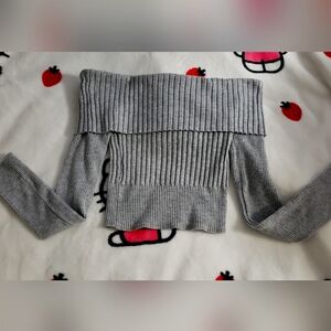 Gray Off-the-Shoulder Sweater with Ribbed Collar and Playful Designs